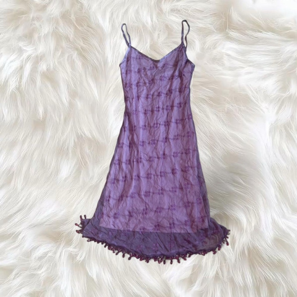 Vintage Betsey Johnson Fairy Lavendar Embroidered Beaded Fringe Silk Slip Dress